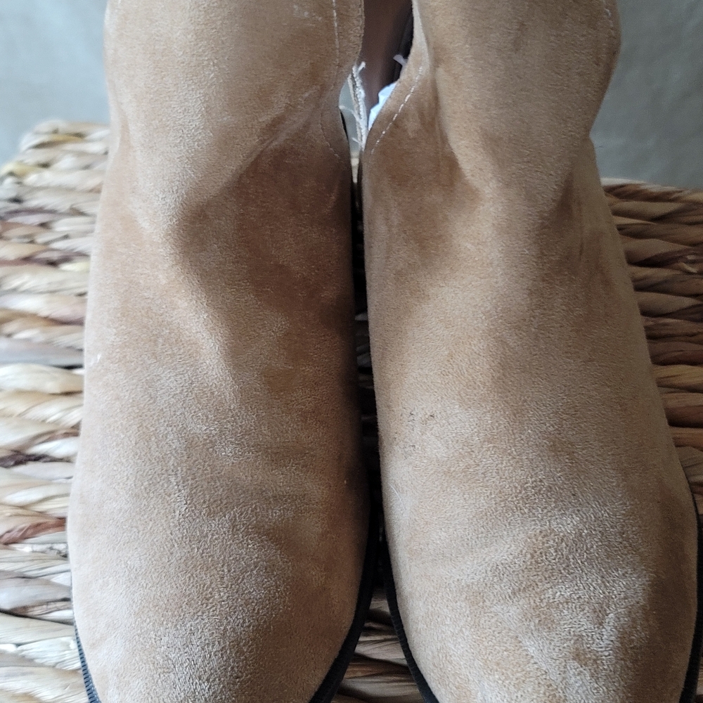 Tan Suede Ankle Boots with Elastic Panels - Picture 3 of 6